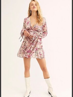Free People Closer To The Heart Floral V-Neck Long Sleeve Mini Dress in Pink